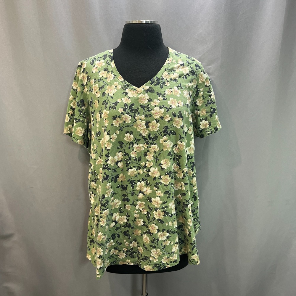 Woman Within Perfect Printed Short Sleeve T Shirt Womens 1X 22-24 Green V Neck